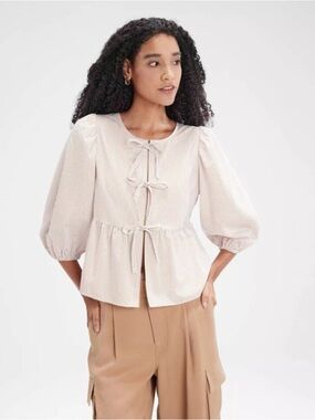 A New Day Cream Striped Tie-Front Balloon Sleeve Peplum Top